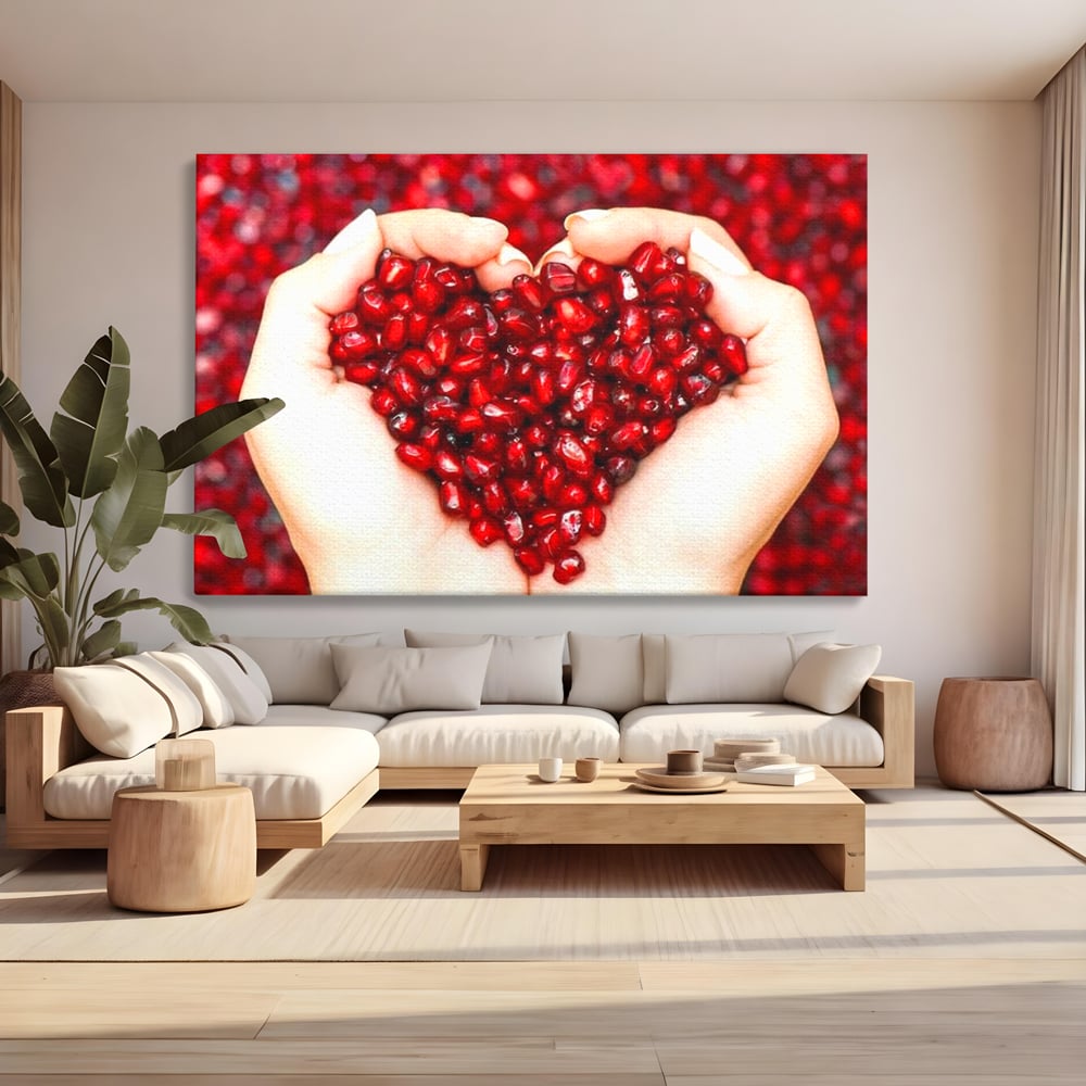 Tablou canvas cu maini care tin seminte de rodie in forma de inima, fara rama, pe sasiu de lemn, pe perete intr-un living
